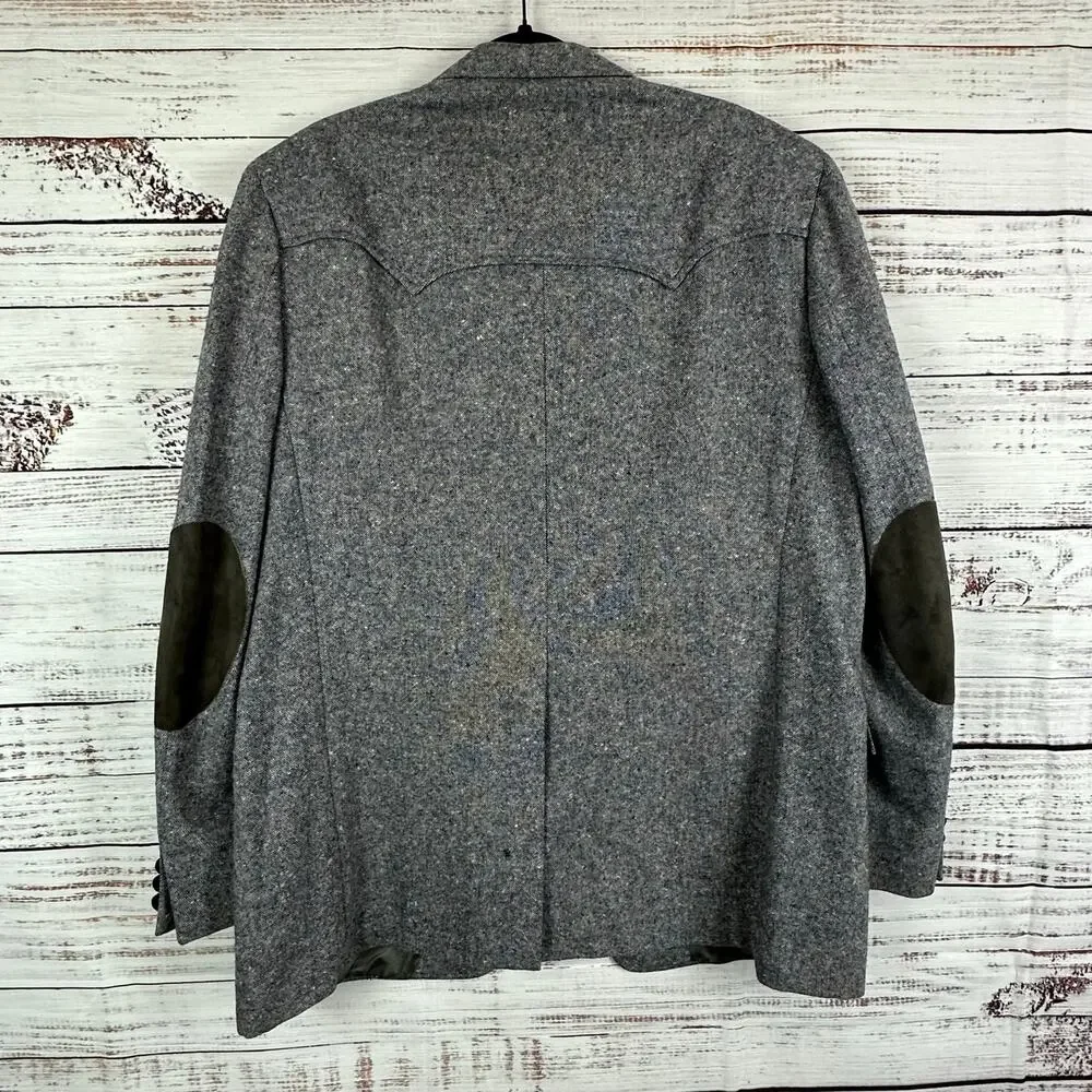 VTG The Great Western Gray Blazer Wool Tweed Western Elbow Patches USA Mens 44L